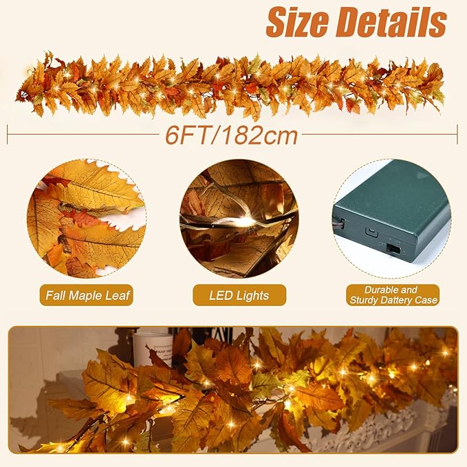 2PC Realistic Fall Garland for Mantle 6FT Fall Leaves Garland With Lights/Timer Fall Decorations for Home Porch Fall Leaf Garlands Autumn Decor for Thanksgiving Outdoor Fireplace Wedding Hanging Table