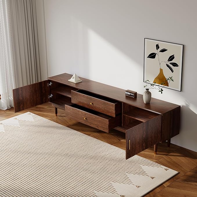 Mid Century Modern TV Stand for 75 inch TV, 78.7" Walnut TV Console with 2 Storage Cabinet & 2 Drawers, Entertainment Center, Media Console for Living Room/Bedroom