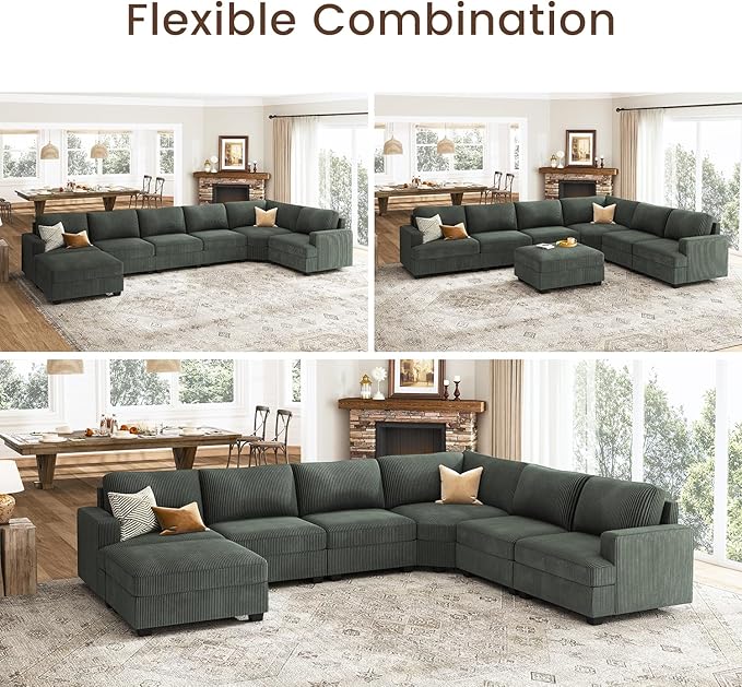 Nolany Modular Sectional Couch with Storage Ottoman, Corduroy Sectional Sofa with Chaise, U Shape Sectional Couches for Living Room, Green