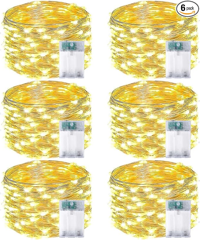 6-Pack Fairy Lights Battery Operated with Timer, Waterproof 16FT 50 LED String Lights Indoor Outdoor, Cuttable Starry Fairy Lights for Christmas Home Bedroom Wedding DIY Centerpiece Decor (Warm White)