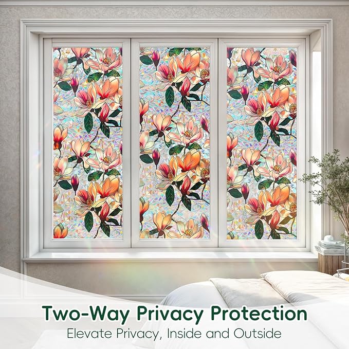 DUOFIRE Window Privacy Film Decorative Stained Glass Window Film Rainbow Magnolia Floral Static Cling Non-Adhesive Reusable Anti UV Colorful Window Decal for Home 16.92×39.37 inch