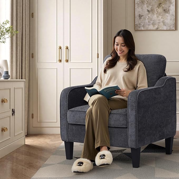 Accent Chair for Living Room, Mid Century Modern Reading Chair for Bedroom, Upholstered Armchair with Side Pockets, Comfy Single Sofa Side Chair for Office, Apartment, Small Room, Dark Grey