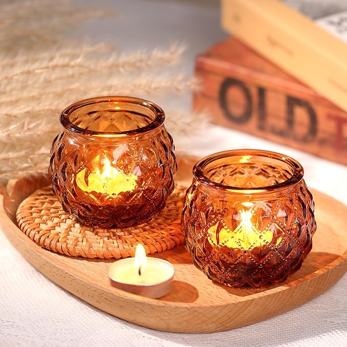 Amber Votive Candle Holders Set of 24 - Round Glass Candle Holders for Table Centerpiece, Tea Lights for Home & Vintage Wedding Decorations