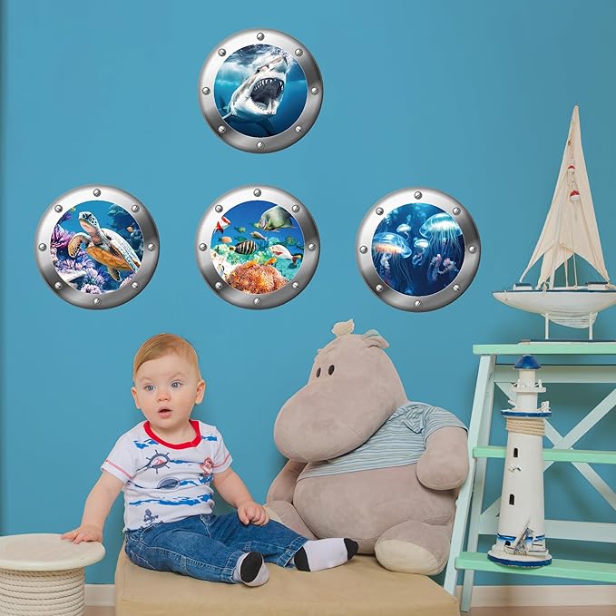 3D Ocean Animals World Wall Stickers Glow in The Dark, 4 Pcs Sharks Turtles Jellyfishs Removable Decals for Kids, Vinyl Stickers for Ceiling (Blue)