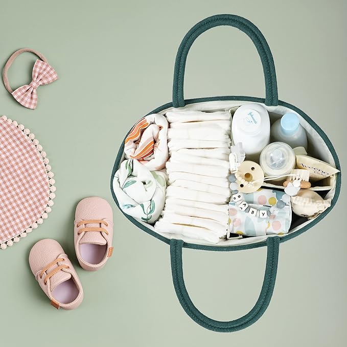 Large Baby Diaper Caddy Organizer for Girl Boy Rope Nursery Storage Bin Basket Portable Holder Tote Bag for Changing Table Car Travel Baby Shower Gifts basket dark green