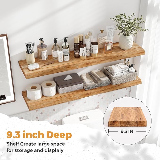 RICHFOCUS Live Edge Elm Floating Shelves - 40" W x 9.3" D Rustic Solid Wood Wall Shelves with Invisible Bracket, Wall-Mounted for Living Room, Bedroom, Kitchen Storage & Display, Set of 2, Natural