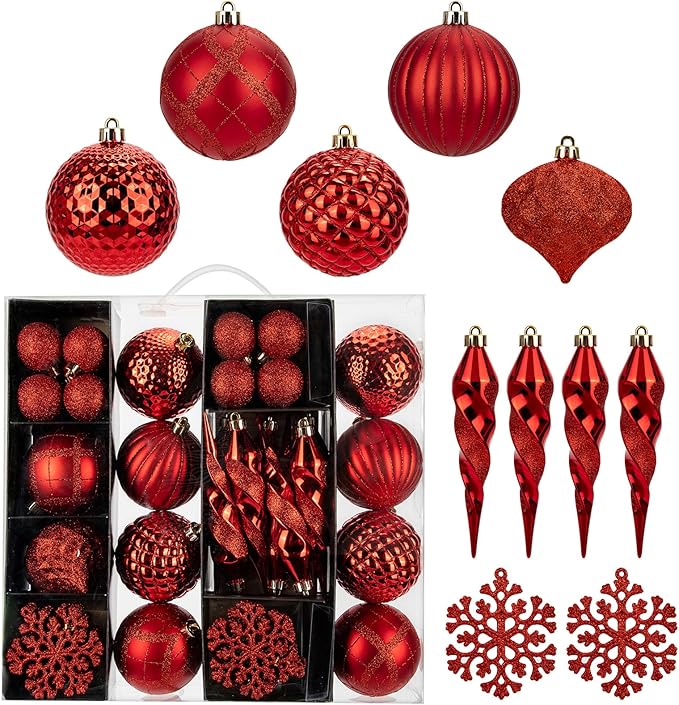 50PCS Christmas Tree Ornaments Set with Shatterproof Balls Icicle Snowflake Hanging Ornaments for Home Office Farmhouse Christmas Decorations, Red