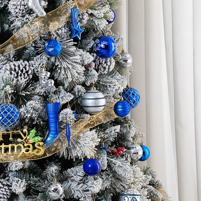 150PCS Blue and Silver Christmas Ornaments, Shatterproof Christmas Ball Ornaments Set, Assorted Christmas Baubles Hanging Decorations for Xmas Tree Home Festival Party Wedding (Blue & Silver)