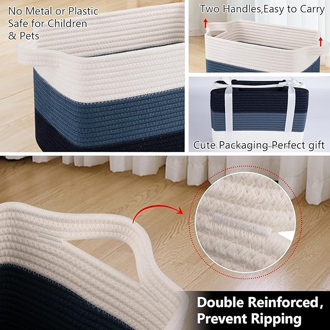 OIAHOMY Storage Basket, Woven Baskets for Storage, Cotton Rope Basket for toys,Towel Baskets for Bathroom - Pack of 3, Gradient Blue