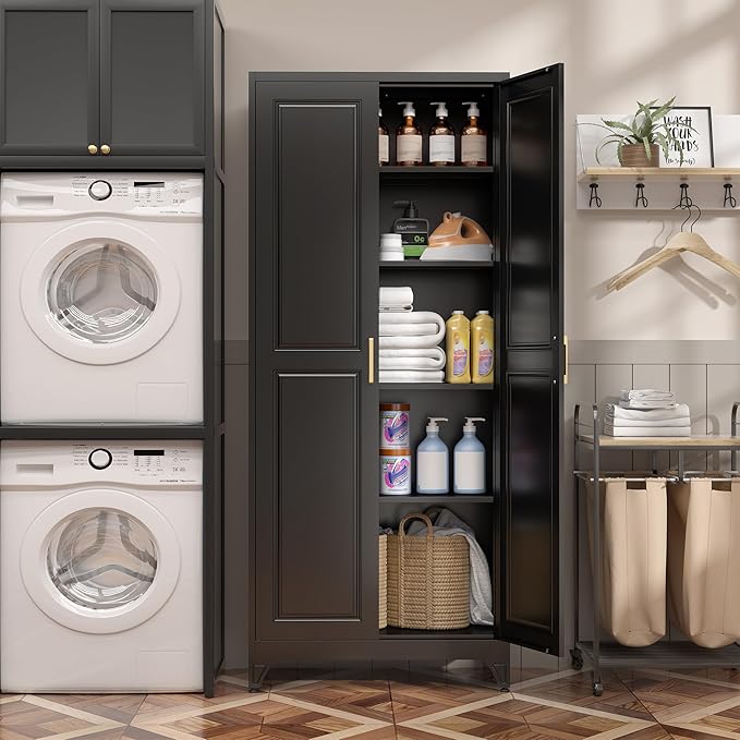 Kitchen Pantry Cabinet,75”Black Metal Storage Cabinets with Doors and 4 Adjustable Shelves,Kitchen Cabinet with 2 Gold Handles,Tall Cabinet for Livingroom, Bathroom