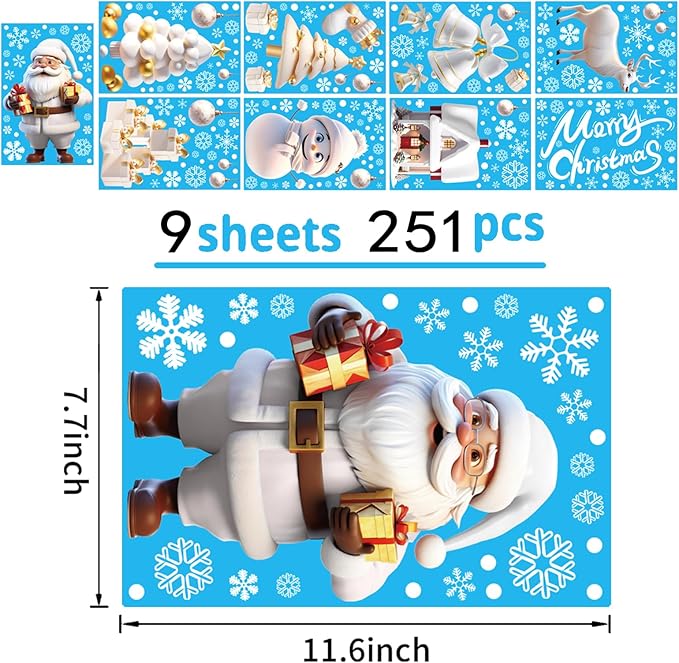 251PCS Christmas Window Clings Stickers for Glass, Xmas Decals Decorations Holiday Snowflakes Santa Snowman Gift and Reindeer Winter Wonderland Decals for Party