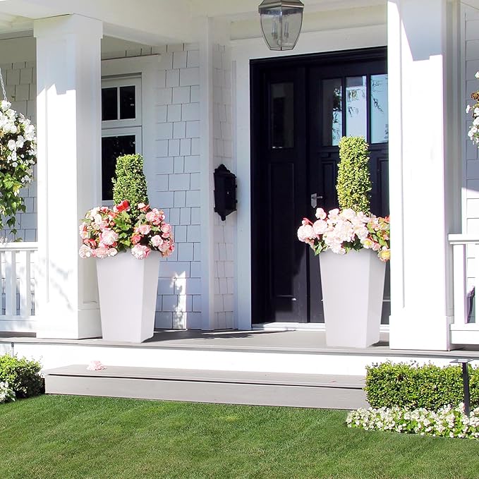 22.5" Tall Planters Set of 2, Outdoor＆Indoor Black Planter Pots, High Front Porch Planter Pots with Drainage Holes＆Water Level Monitor＆Inner Bucket, Automatic Watering, White