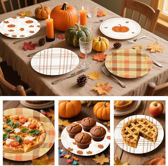48Pcs Fall 7inch Paper Plates - Pumpkin Maple Leaf Dessert Plates for Cake Salad Fruit Disposable Autumn Party Supplies for Fall Thanksgiving Harvest Picnic Decoration, 4 Styles