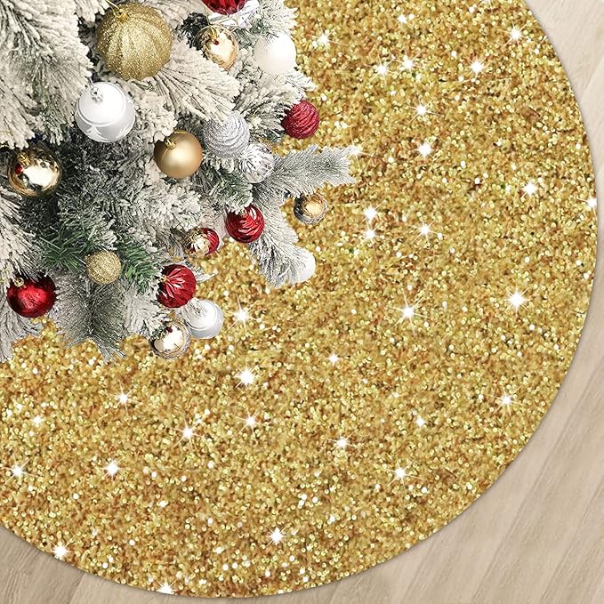 Gold Tree Skirt 36 Inch Shiny Sequin Christmas Tree Skirt Christmas Ornaments for Feast Tree Velvet Round Xmas Tree Skirts Glitter Metallic Christmas Tree Base Skirt Unique Sequins Tree Blanket.