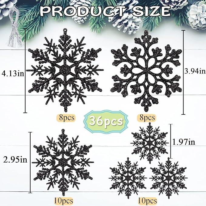 36pcs Black Christmas Snowflake Ornaments, Plastic Glitter Hanging Snow Flakes for Christmas Tree Decorations Winter Wonderland Frozen Birthday Party Holiday Home Decor Craft Snowflakes