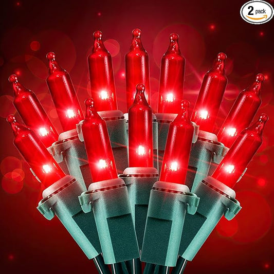 Hopolon 50 Red Christmas Lights, 2PACK Green Wire 13 Feet Long String Lights Set for Outdoor Indoor Décor, Valentines Day, Wedding, Halloween, Christmas Trees, Holiday Lighting Decor(2pcs Red)