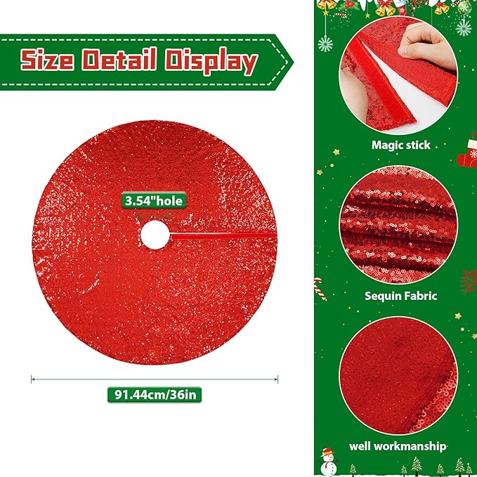 Eternal Beauty Christmas Tree Skirt, 36 Inch Red Sequin Tree Skirt Small Xmas Tree Skirt for Christmas Tree Decorations