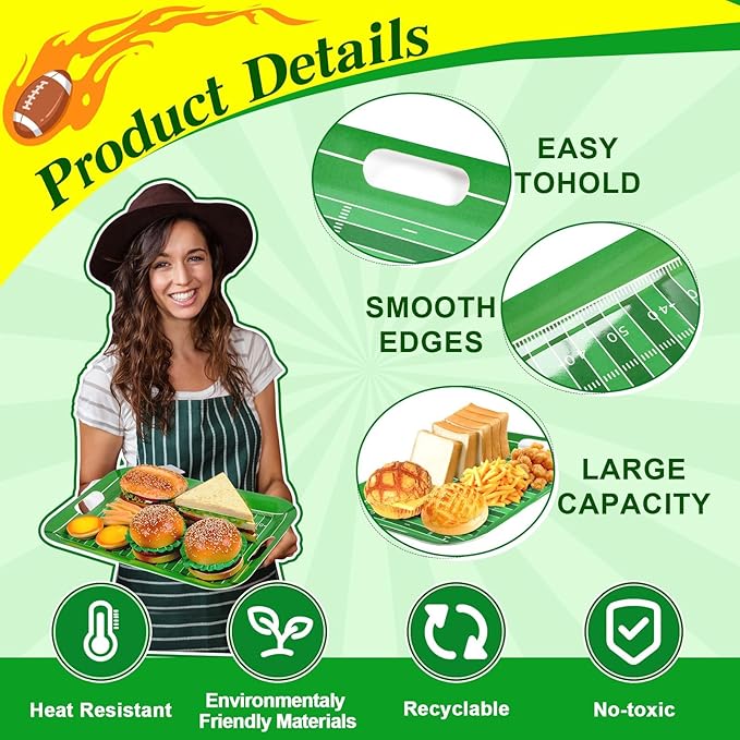 gisgfim 2Pcs Football Serving Trays 16.1 X 11.1 Inch Large Melamine Football Trays Platters with Handles Football Stadium Food Server Tray for Game Day Snacks 2025 Tailgate Birthday Party Decorations