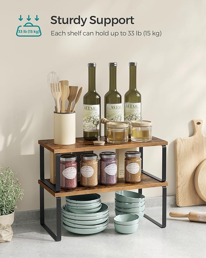 SONGMICS Cabinet Organizer Shelf, Set of 2 Kitchen Counter Shelves, Kitchen Storage, Spice Rack, Stackable, Expandable, Metal and Engineered Wood, Ink Black and Rustic Brown UKCS200X01