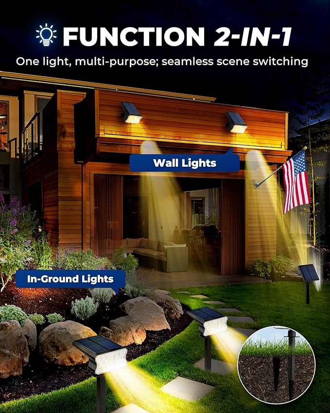 HGGH Solar Lights Outdoor Waterproof IP67, 60 LED 3 Lighting Modes Solar Spot Lights Outdoor for Yard Garden Pathway Landscape, Auto On/Off, Function 2 in 1(Warm White, 4 Pack)