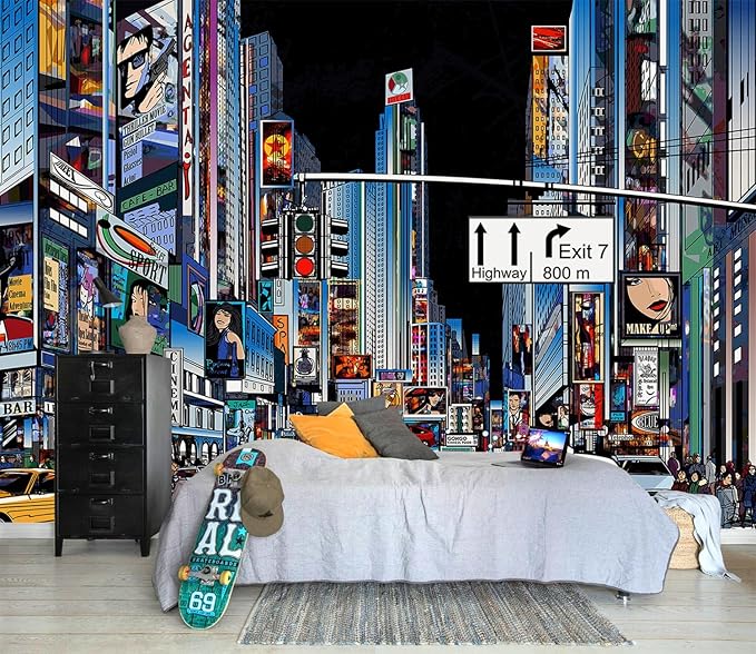 AFZEVEB-Hand-Painted New York City Wallpaper Wall murals for Bathroom 136"x96" (Not Peel and Stick)