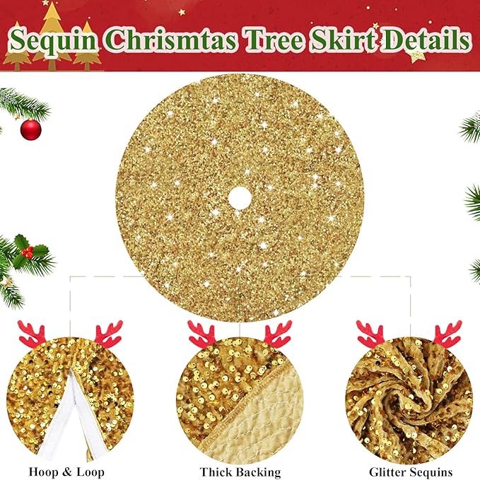Gold Tree Skirt 46 Inch Shiny Sequin Christmas Tree Skirt Christmas Decorations for Feast Tree Velour Glittery Xmas Tree Skirts Round Metallic Christmas Tree Mat Skirt Vintage Sequins Tree Blanket.