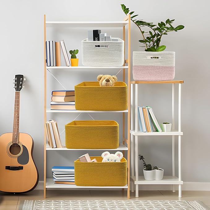 COMFY-HOMI Cotton Rope Woven Basket with Handles for Shelves,Toys,Book, Cloth Storage Baskets for Organizing-17" x 13" x 7.5" Toy Decorative Organizer for Living Room, Bathroom （Yellow）