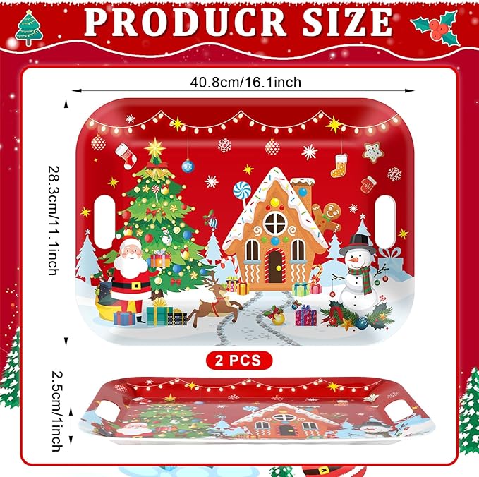 gisgfim 2PCS Christmas Serving Tray with Handles 16 X 11 Inch Large Melamine Platter Serving Dishes Rectangular Xmas Tree Santa Snowman Gingerbread House Food Tray for Snack Cookie Candy Dessert Plate