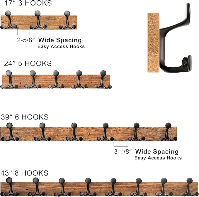 SKOLOO 43-Inch Wood Burnt Coat Rack Wall Mount with 8 Triple Hooks - Ideal for Family Entrances, Classrooms, and Pet Supplies Storage - Perfect Coat Hooks for Wall