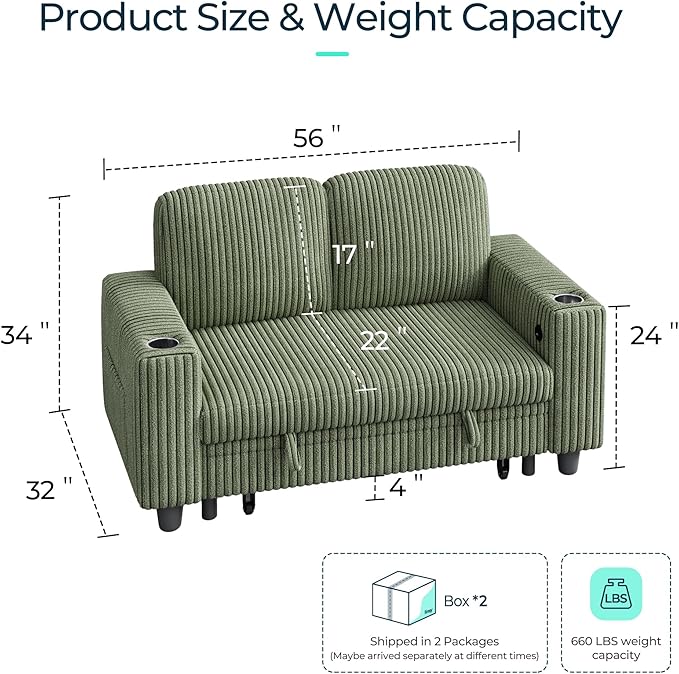 LINSY HOME Loveseat Sofa with Storage - Comfy Plush Corduroy 2 Seater Sofa with USB Charging & Cup Holders, Deep Seat Love Seat for Small Spaces Living Room Bedroom Apartment, Green