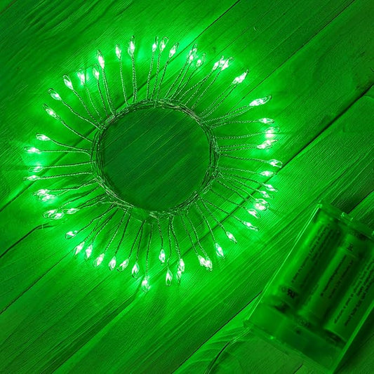 Fairy Lights Battery Operated, Twinkle String Lights Silver Wire 5 Feet 60 Led Firecracker Starry Lights for DIY Wreath Home Wedding Party Bedroom Mason Jar Holiday St. Patrick Decoration, Green