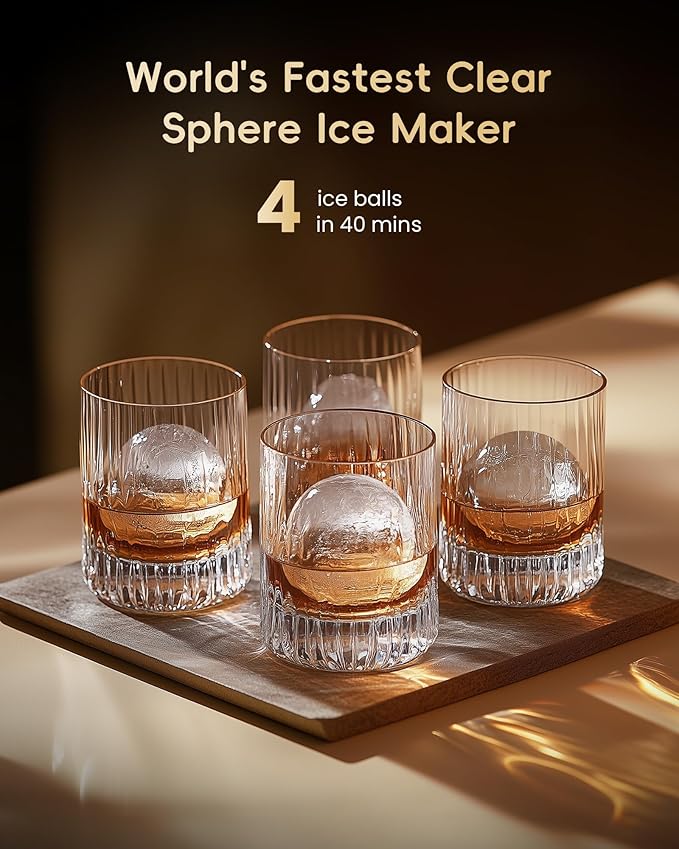 ecozy 2" Clear Ice Ball Maker with CrystalFlux Technology, 4 pcs in 40 Mins, 144 pcs/Day, Sphere Ice Maker with Enhanced Insulation, Automatic Water Supply, Self-Cleaning for Whiskey & Bourbon