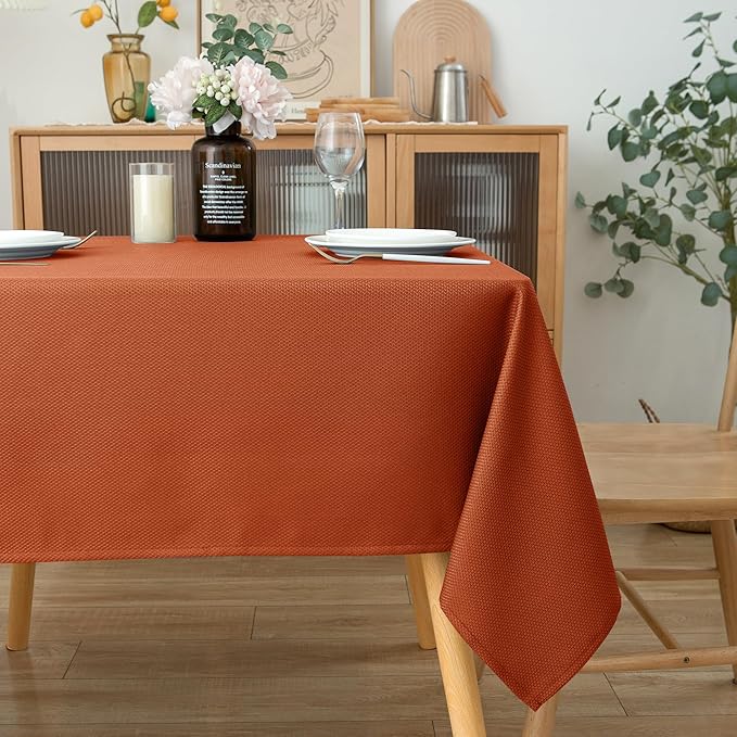 Biscaynebay Fall Tablecloth Textured Fabric Square Tablecloths 70x70 Inch, Rust Thanksgiving Autumn Harvest Water Resistant Fabric Tablecloths for Kitchen, Dining, Wedding, Parties Machine Washable