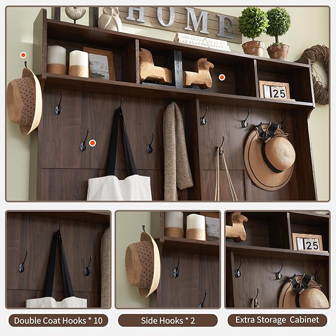 JXQTLINGMU 59" Farmhouse Hall Tree with Shoe Storage, Entryway Bench with 20 Cubbies, 12 Hooks & Sliding Barn Doors, Mudroom Coat Rack Cabinet, Brown
