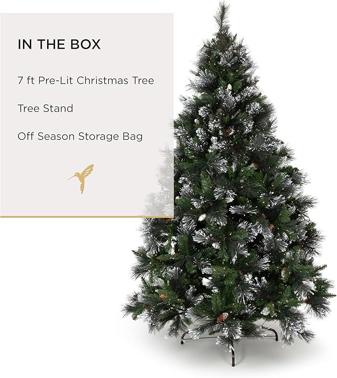 Papyrus Frosted 7 ft Pre-Lit Artificial Christmas Tree, Carolina Pine, Pine Cones, Warm White Lights, Includes Stand and Storage Bag