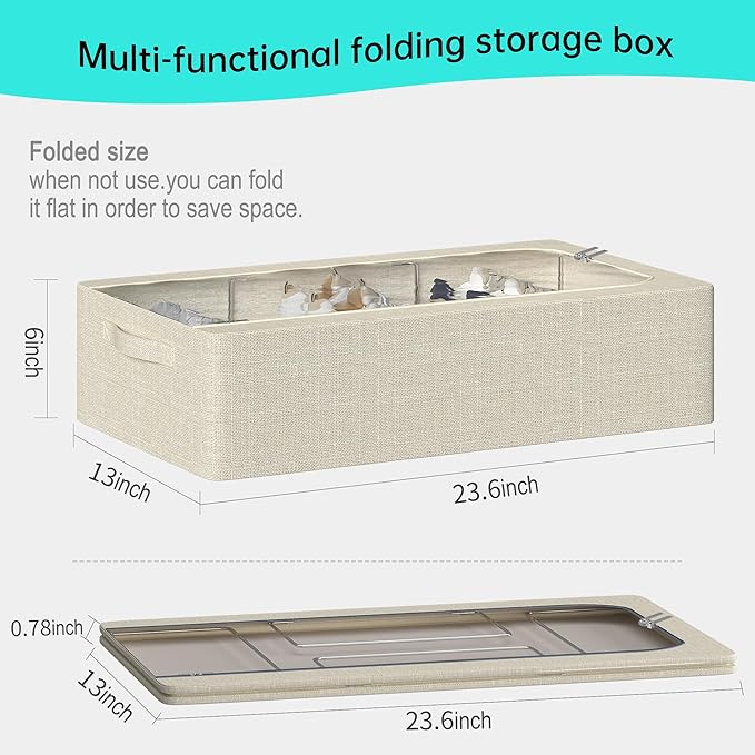 3PCS Under Bed Storage Bins with Metal Frame, Linen Fabric Frame Storage Box Clothes Organizer Bins, Underbed Container with Clear Window (Beige, 23.6 x 13 x 6IN)