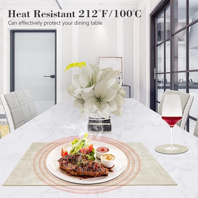 Faux Leather Placemats Set of 6,Heat Resistant Placemats for Dining Table, Easy Clean Non-Slip Place Mats, Waterproof Stain Resistant Wipeable Washable PU Table Mats, (Beige)