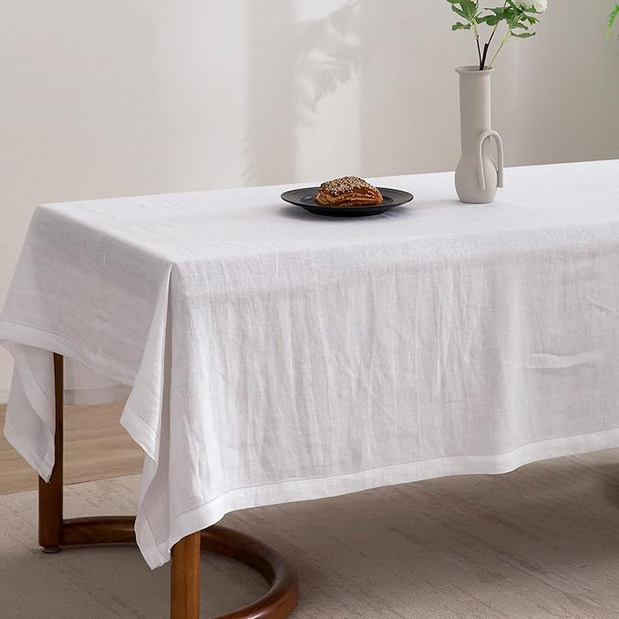 EVERLY 100% Pure Linen Rectangle Tablecloths 60x144Inches for Dining, Buffet Parties, Picnic,Events, Weddings and Restaurants, Decorative Halloween, Thanksgiving Machine Washable Tablecloths-White
