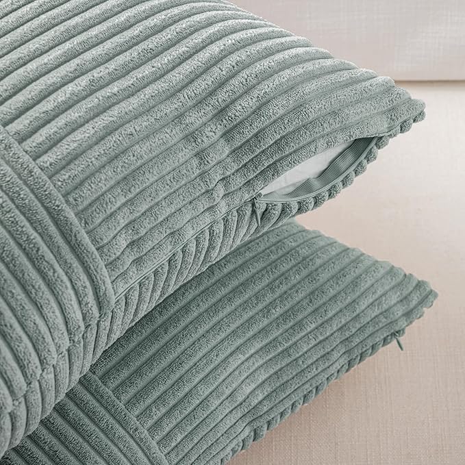 Fancy Homi 2 Packs Grey Blue Long Lumbar Decorative Throw Pillow Covers 12x24 Inch for Couch Bed Sofa, Rustic Farmhouse Boho Home Decor, Soft Striped Corduroy Rectangle Accent Cushion Case 30x60 cm