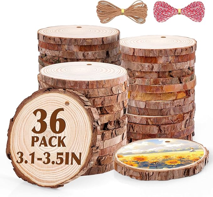36 Pack Nature Wood Slices for Crafts,3.1-3.5In Unfinished Natural Wood Rounds.Wood Circles Predrilled with Hole and 20m Rope for Wooden Craft Supplies,Painting,Wooden Ornaments,DIY Gifts