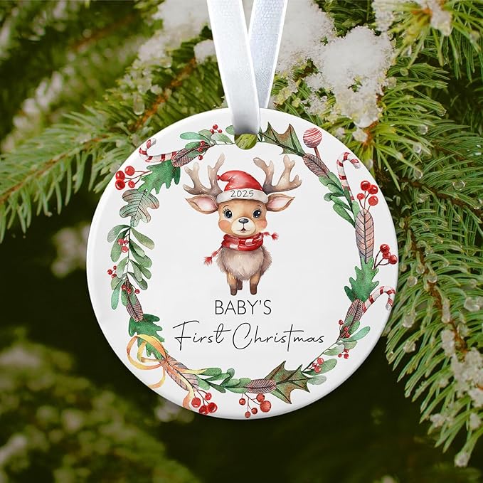Baby's First Christmas Ornament 2025 My First Christmas Ornament 3 Inch Ceramic Keepsake for Newborn Boy or Girl, Personalized Xmas Tree Hanging Decor, for Baby’s 1st Xmas