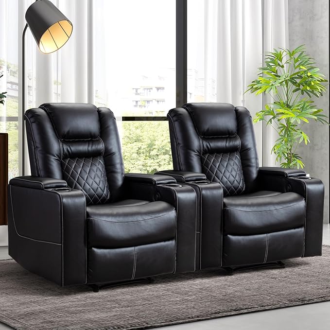 CANMOV Electric Power Recliner Chair Set of 2, Breathable Leather Home Theater Seating with Hidden Arm Storage, Power Recliner Chair for Living Room with USB Ports and Cup Holders,Black