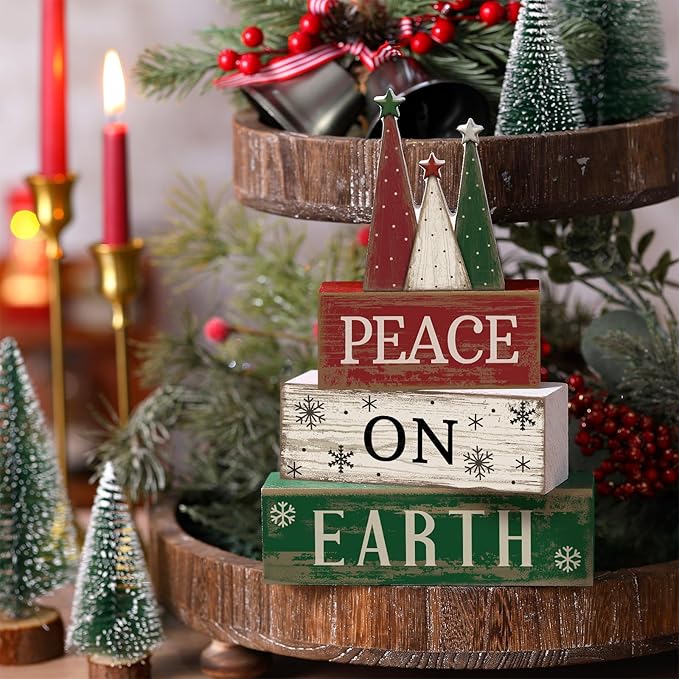 4 Pcs Christmas Table Decoration Wooden Christmas Tree Sign Winter Tiered Tray Decor Decorative Red Green and White Tree Block Signs Xmas Table Centerpiece Farmhouse Decor for Home Kitchen