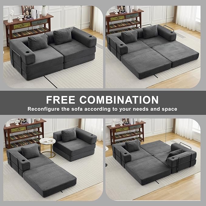 78" W Loveseat Sofa, 4 in 1 Convertible Floor Sofa Bed, Boneless Cloud Couch with Cup Holder, Fold Out Floor Couch, Loveseat Recliner Sleeper for Living Room Bedroom Lounge(Corduroy, White)