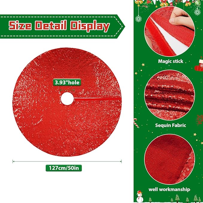 Eternal Beauty Christmas Tree Skirt, 50 Inch Red Sequin Tree Skirt Small Xmas Tree Skirt for Christmas Tree Decorations