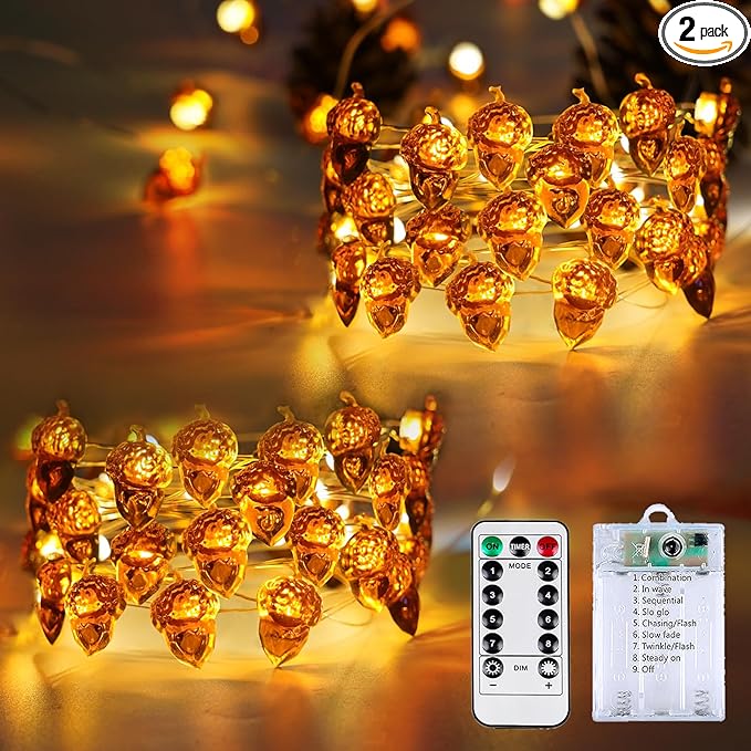 2 Pack 60LED Fall Decoration Acorn String Light Battery Operated, 20FT Fall Lights with Remote, Waterproof 8 Modes Fairy Lights for Autumn Harvest Thanksgiving Halloween Decor