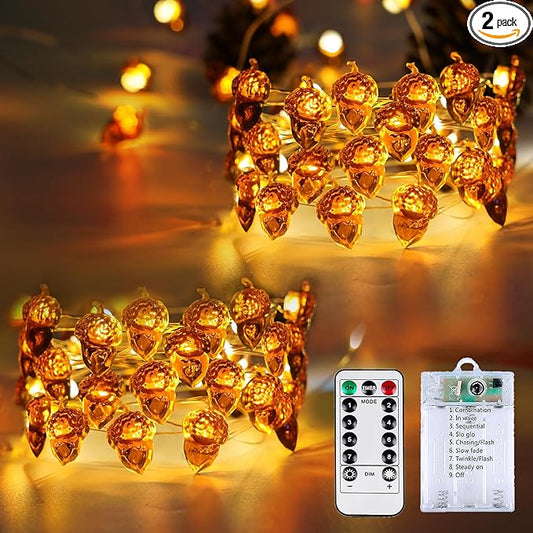 2 Pack 60LED Fall Decoration Acorn String Light Battery Operated, 20FT Fall Lights with Remote, Waterproof 8 Modes Fairy Lights for Autumn Harvest Thanksgiving Halloween Decor