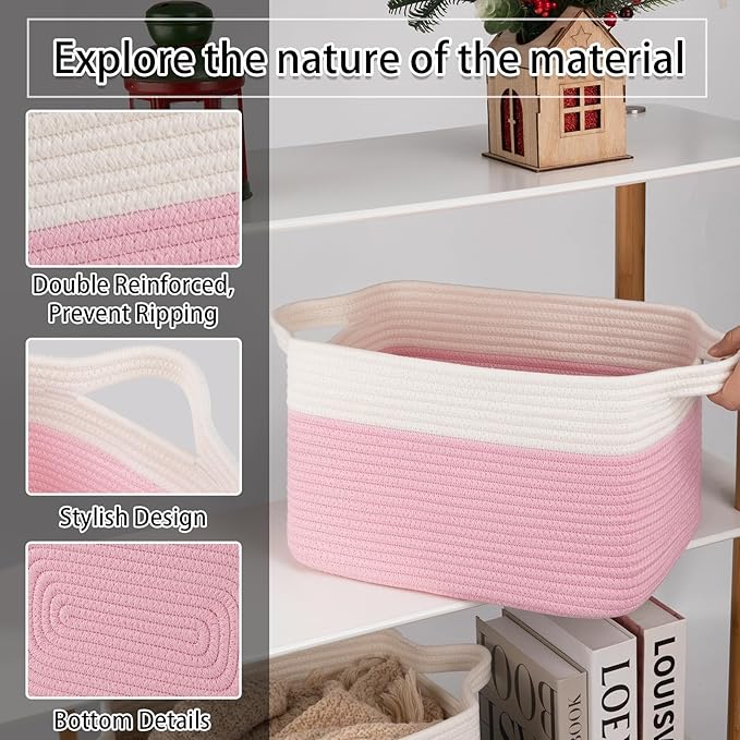 OIAHOMY 3 Pack Storage Basket for Organizing, 13''X9.85''X8.7'' Woven Storage Bins with Handles, toy organizers,Stylish Room Decor, Pink & white