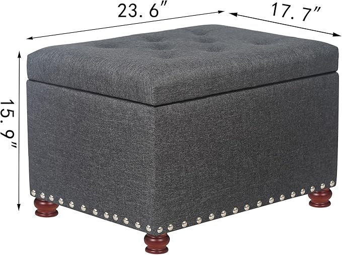 Joveco Storage Ottoman Linen Tufted Bench with Rivet, Rectangular Footrest Stool Coffee Table Seat for Living Room Bedroom, Grey