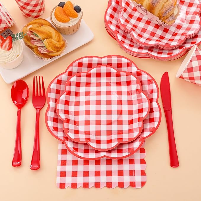 350 Pcs Red Gingham Plates and Napkins Party Supplies - Red and White Checkered Plates Sets Serve 50 Guests - Scalloped Gingham Paper Plate for Birthday Picnic Wedding Christmas Party Decorations